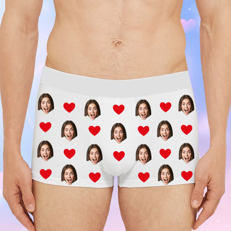 Personalized Photo Men's Underwear Boxer Briefs With Red Heart Pattern Funny Gift for Him