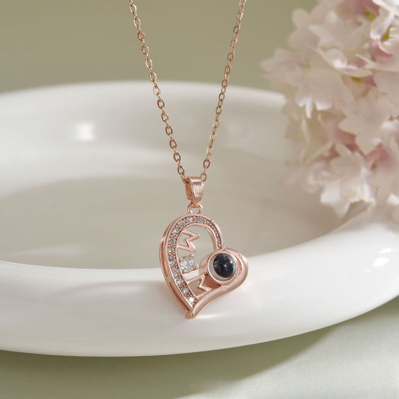 Personalized Heart Shaped Mom Picture Projection Necklace with Diamonds Beautiful Gift for Mother's Day