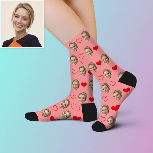 Custom Face Double Heart Picture Socks Gift for Girlfriend/Mom