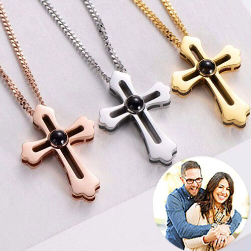Collier Personnalisé Avec Photo Projetée - Pendentif Croix/barre, Chaîne Réglable - Cadeau émotion Pour Homme/femme
