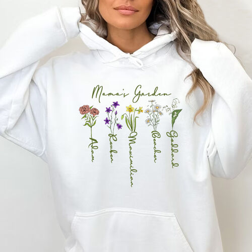 Personalisierter Hoodie Mama's Garden mit individuellem Namen und Blume für Best Mom