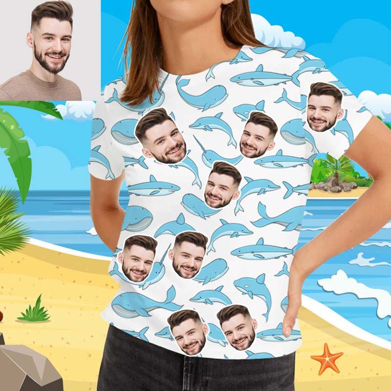 T-shirt hawaïen pour femmes avec un requin mignon, avec visage personnalisé