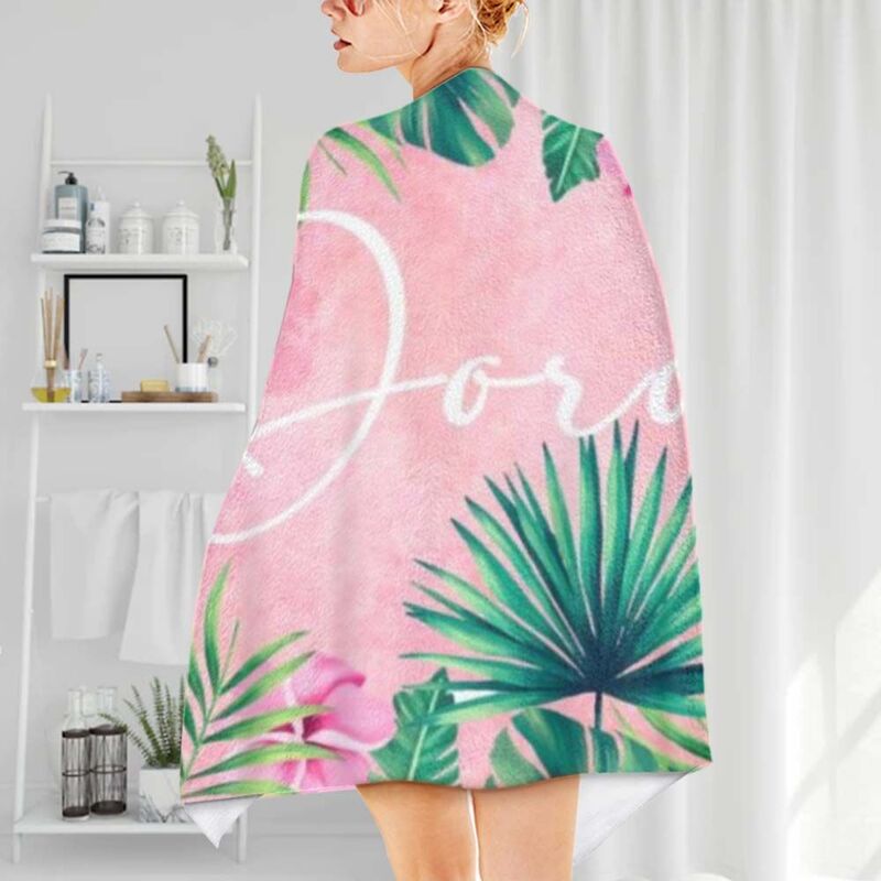 Custom Name Bath Towel with Pink Flamingo Pattern for Best Girlfriend