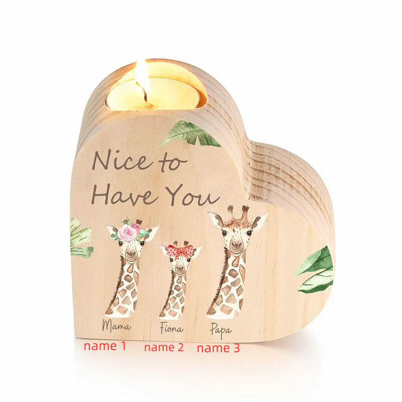 Personalisierte hölzerne Herz Kerze Halter benutzerdefinierte Namen für Kinder mit Cartoon-Giraffen-Muster