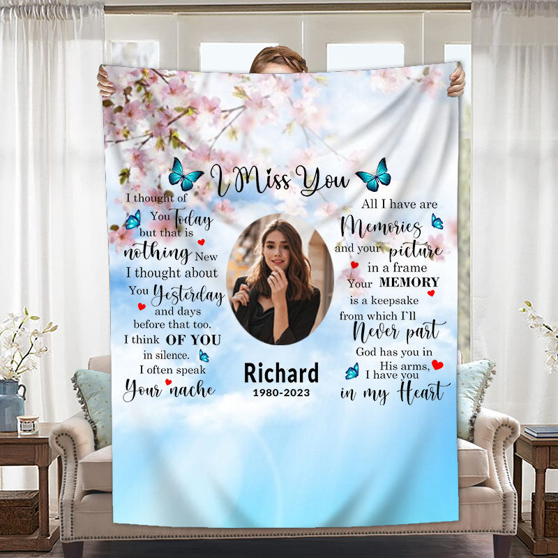 Personalized Picture Blanket with Blue Butterflies And Heart Pattern Beautiful Gift for Favourite Person