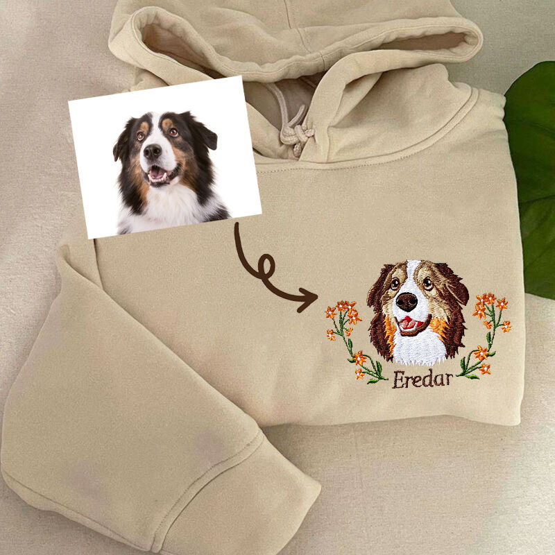Gepersonaliseerde hoodie custom geborduurde kleurenfoto van puppyhoofd met bloemdecoratie cadeau voor dierenvriend