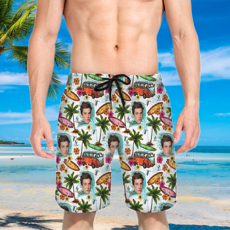 Personalized Picture Men's Beach Shorts with Tour Bus Pattern Best Gift for Friend