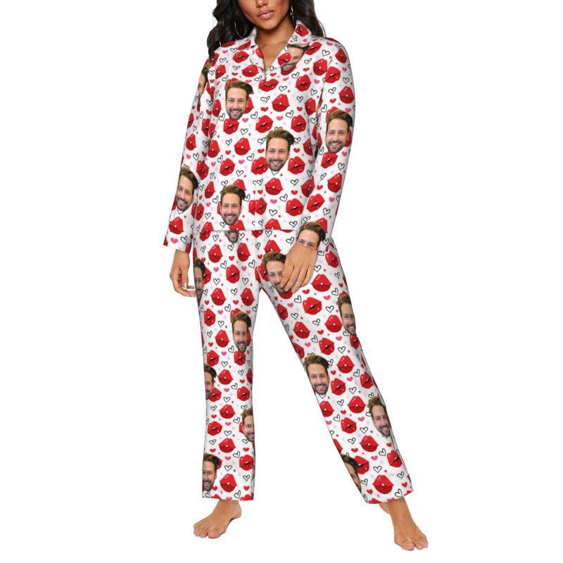 Personalized Pajamas Custom Couple Photo Hot Kiss Heart Pattern Design Perfect Gift for Lovers