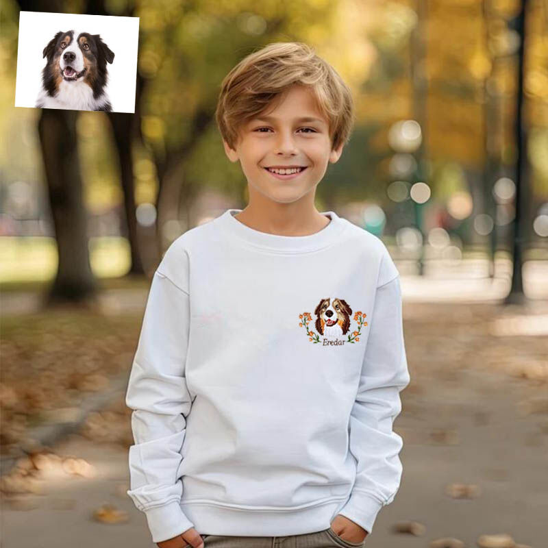 Personalized Kids Embroidered Sweatshirt Color Photo of Pet's Head with Flower Decor Gift for Children