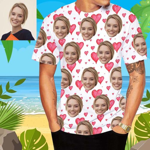 T-Shirt Personalizzate con Stampa Volto Stile Hawaiano e Cuore Rosa per Uomo