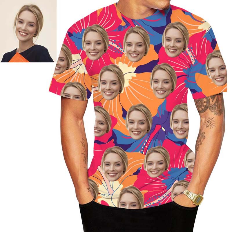 Personalized Face Hawaiian T-Shirt Printed With Flowers