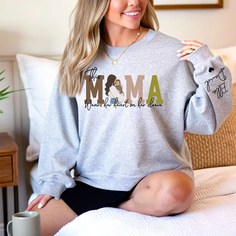 Personalized Sweatshirt Custom Photo This Mama Wears Her Heart On Her Sleeve Unique Mother's Day Gift
