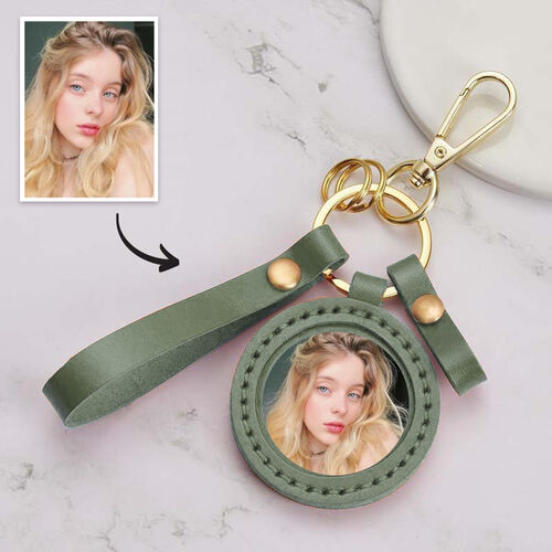 Custom Photo Keychain With Olive Green Leather