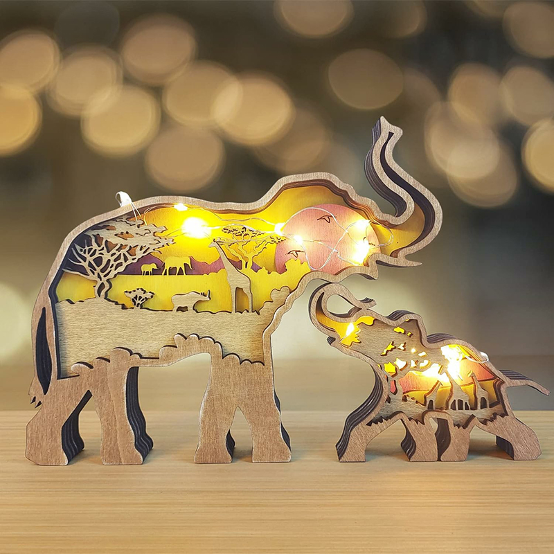 3D 木彫り 装飾 LED ライト 象 インテリア