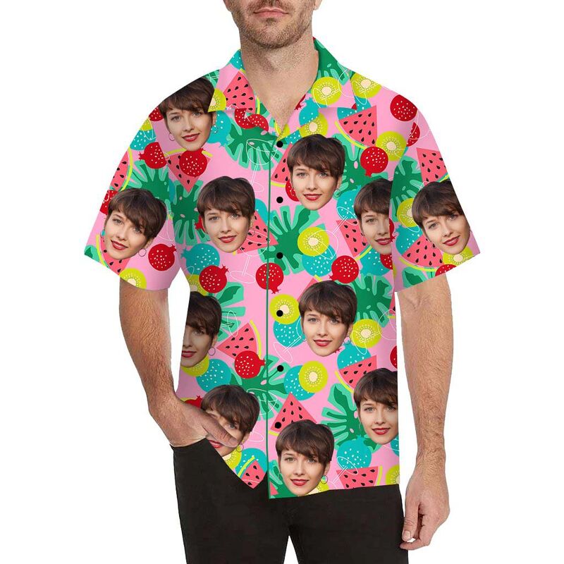 Chemise hawaïenne à impression intégrale pour hommes, grenade et pastèque, avec visage personnalisé
