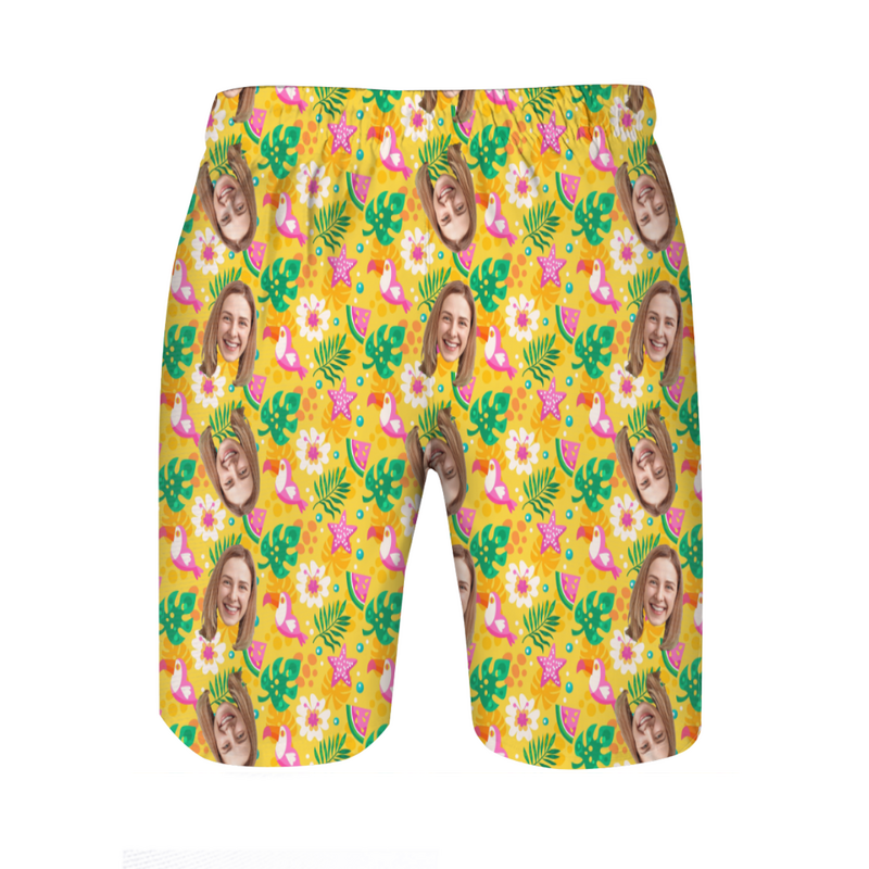 Personalized Picture Men's Beach Shorts with Pink Birds Pattern Creative Gift for Family