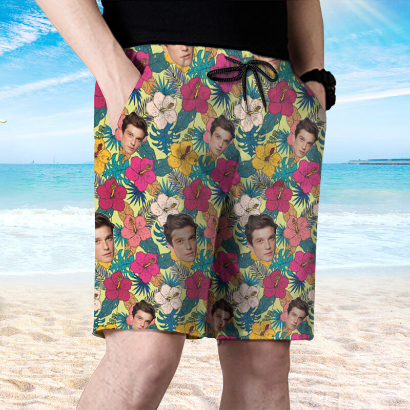 Personalized Picture Men's Beach Shorts with Yellow Flower Pattern Creative Present for Family