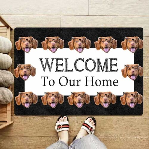 "WILLKOMMEN in unserem Zuhause" Individuelle Fußmatte mit Haustierfoto und Gesicht