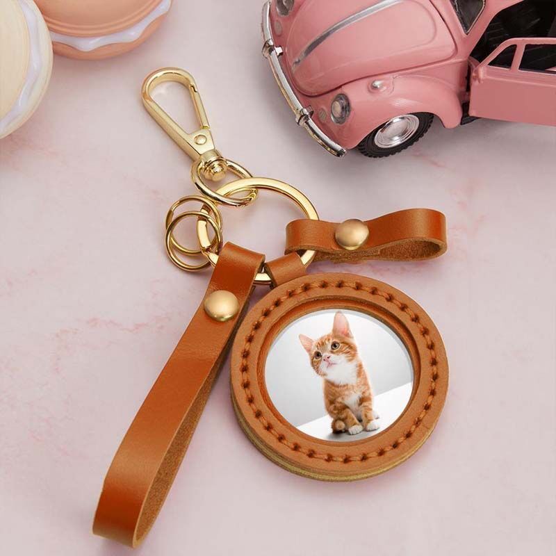 Cute Pet Custom Photo Keychain With Orange Leather