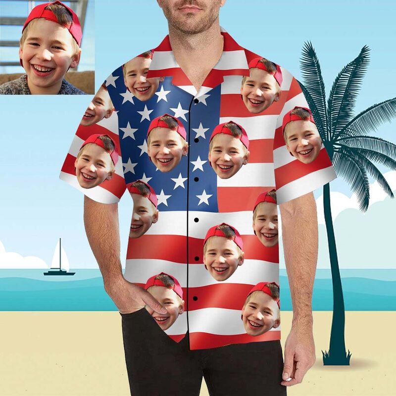 Chemise hawaïenne à impression intégrale Drapeau américain avec visage personnalisé pour hommes