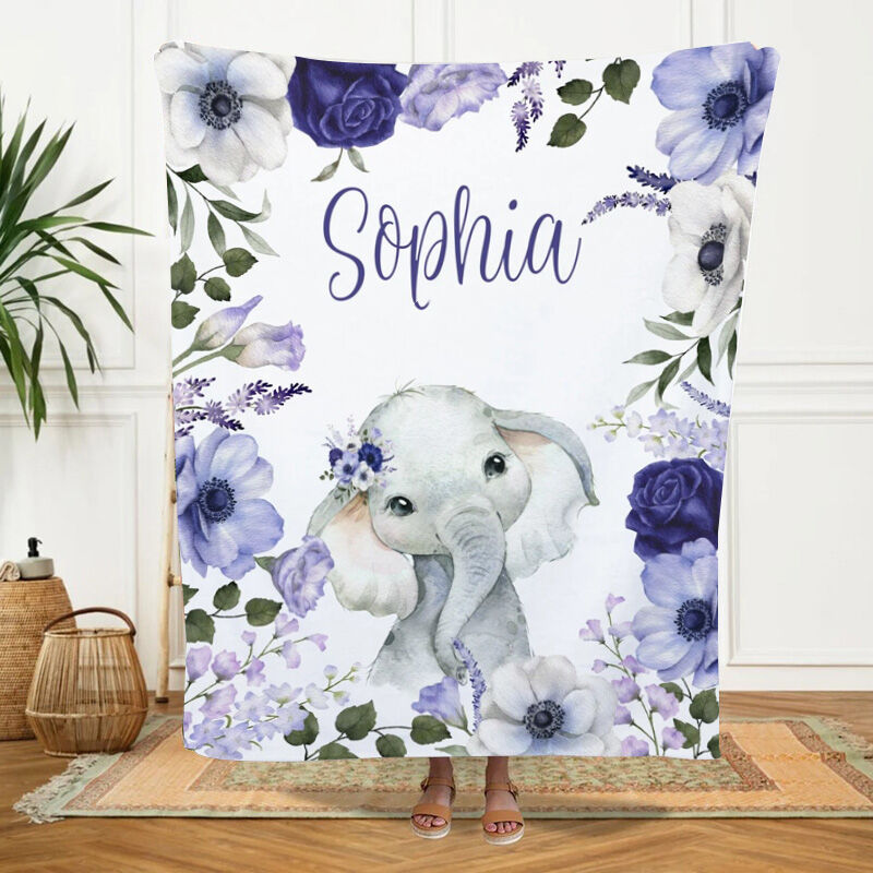 Custom Name Blanket with Cute Watercolor Elephant and Flowers Pattern