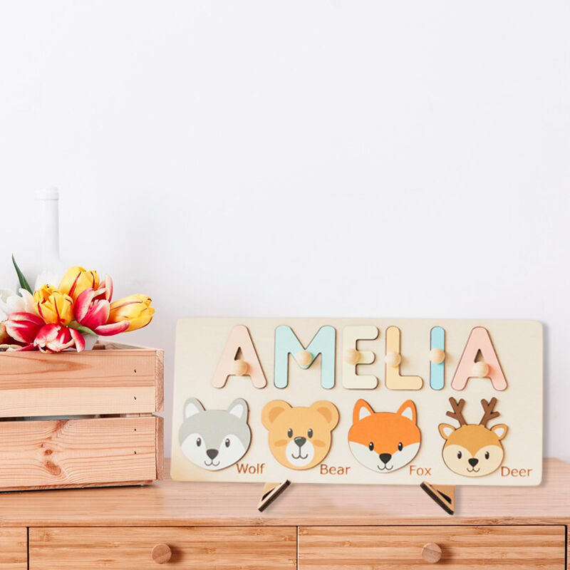 Personalized Wooden Name Puzzle Toy Gift Customized Cute Animal Head Christmas Gift