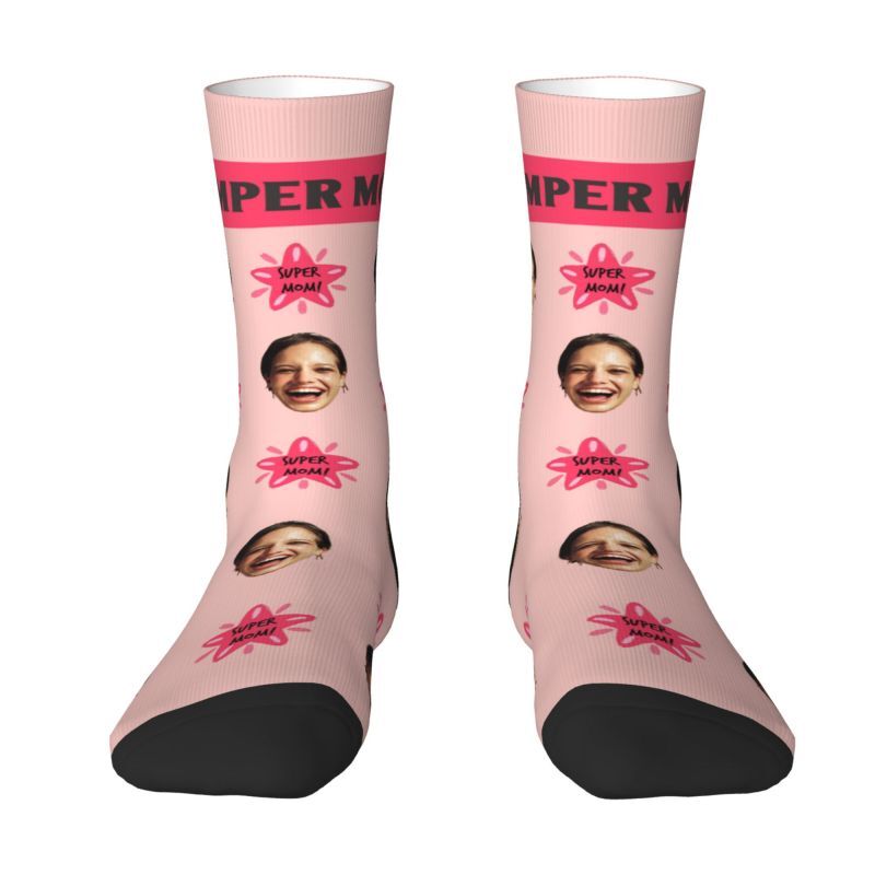 Super Mom sokken met gepersonaliseerd gezicht en foto's voor Moederdag