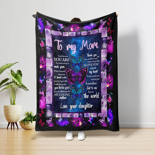 Personalized Flannel Letter Blanket Purple Butterfly Pattern Blanket Gift from Daughter for Mom