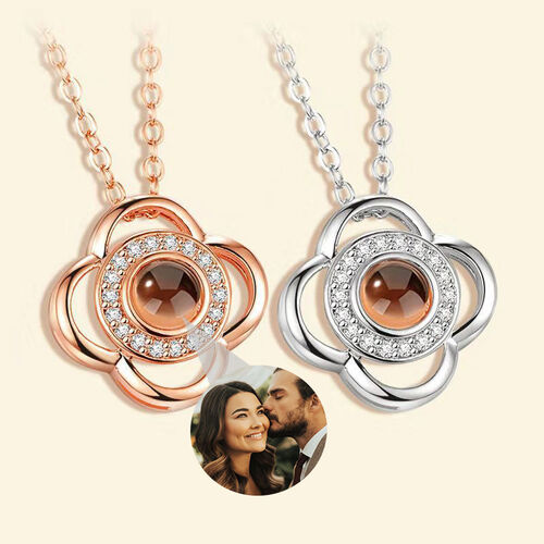 Personalized Flower Photo Projection Necklace with Diamonds for Couple