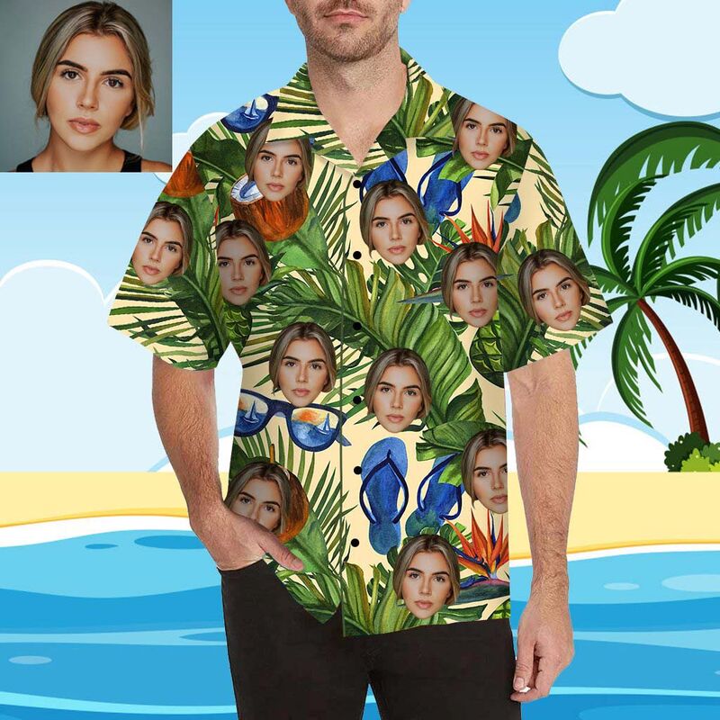 Custom Face Beach Under The Leaves Men's All Over Print Hawaiian Shirt