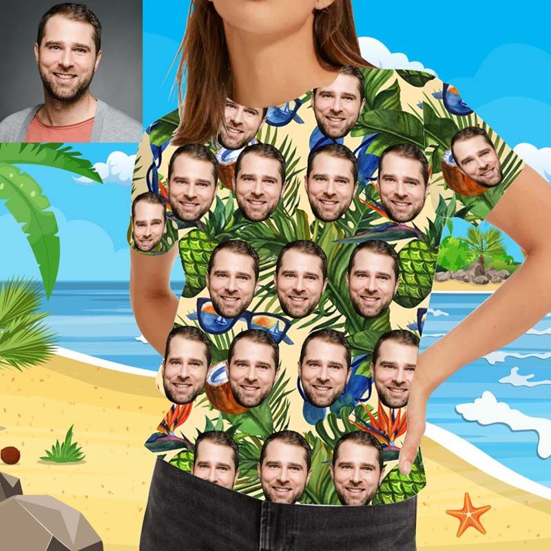 T-shirt hawaïen Visage personnalisé pour femme imprimé avec des tongs