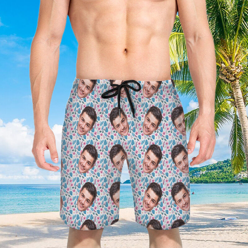 Personalized Picture Men's Beach Shorts with Cute Flowers Pattern Best Gift for Friend