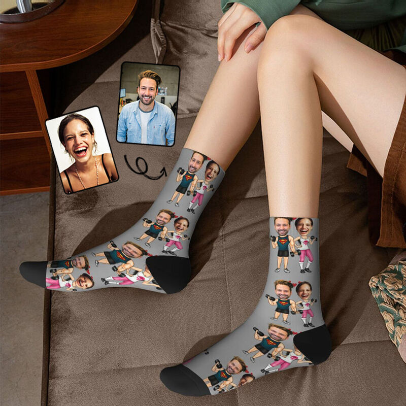 "Fitness Master" Personalized Face Socks Sports Mid-Calf Socks for Couples