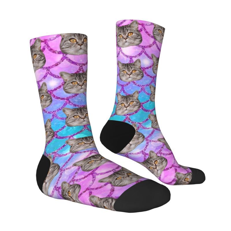 Personalized Face Socks Add Cat Photo Colorful Fish Scale Pattern Gift for Pet Lovers