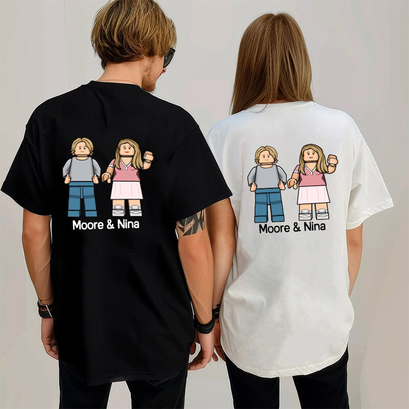 Gepersonaliseerde t-shirt Aangepaste koppel minifiguren Achterkant bedrukking Creatief ontwerp Cadeau voor geliefden ouders