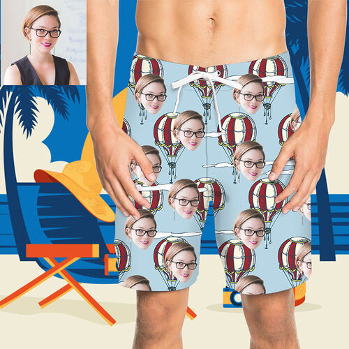 Custom Photo Hot Air Balloon Men's Beach Shorts In Blue