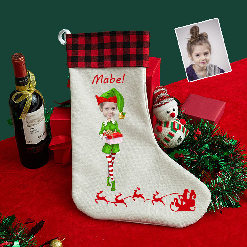 Personalized Custom Face Christmas Stocking Girl Cartoon Image Christmas Gift Bag