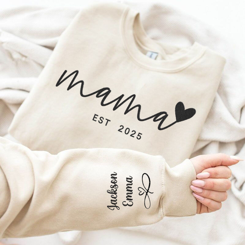 Personalized Sweatshirt Embroidered Mama Heart Custom Names On The Sleeve Design Perfect Mother's Day Gift