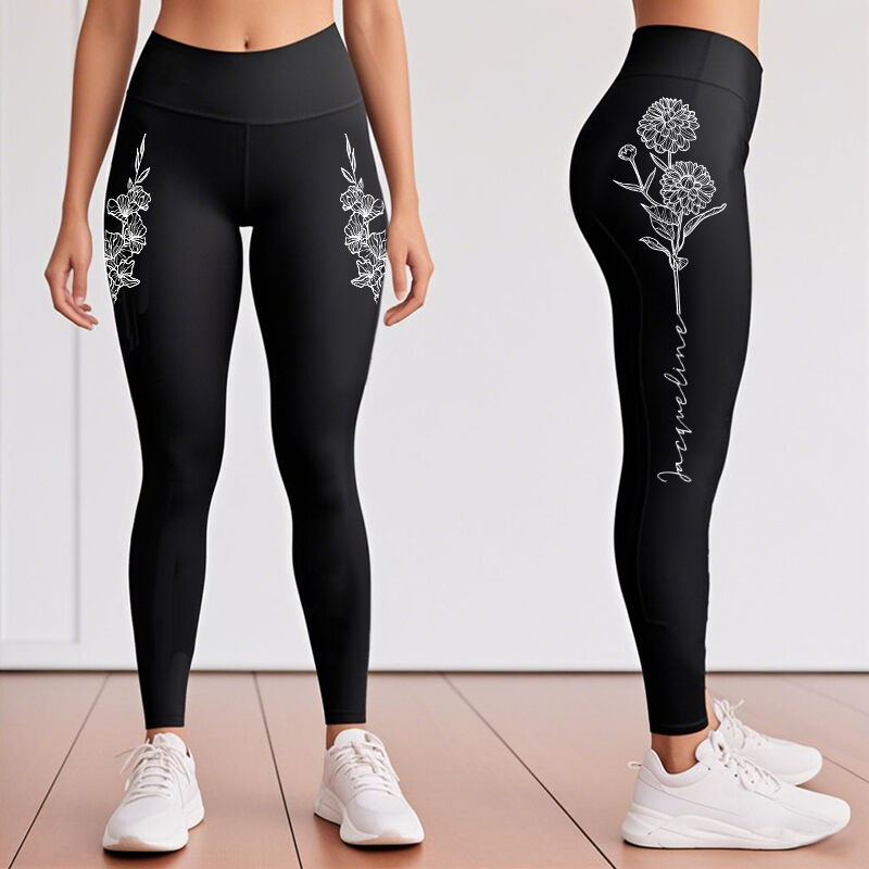 Personalized Leggings Custom Birth Month Flower and Name Design Exquisite Gift for Her Mom Wife