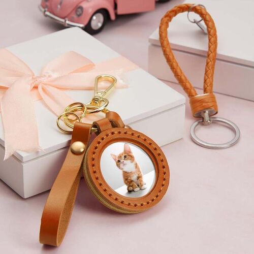 Cute Pet benutzerdefinierte Foto-Schlüsselanhänger mit Orange Leder