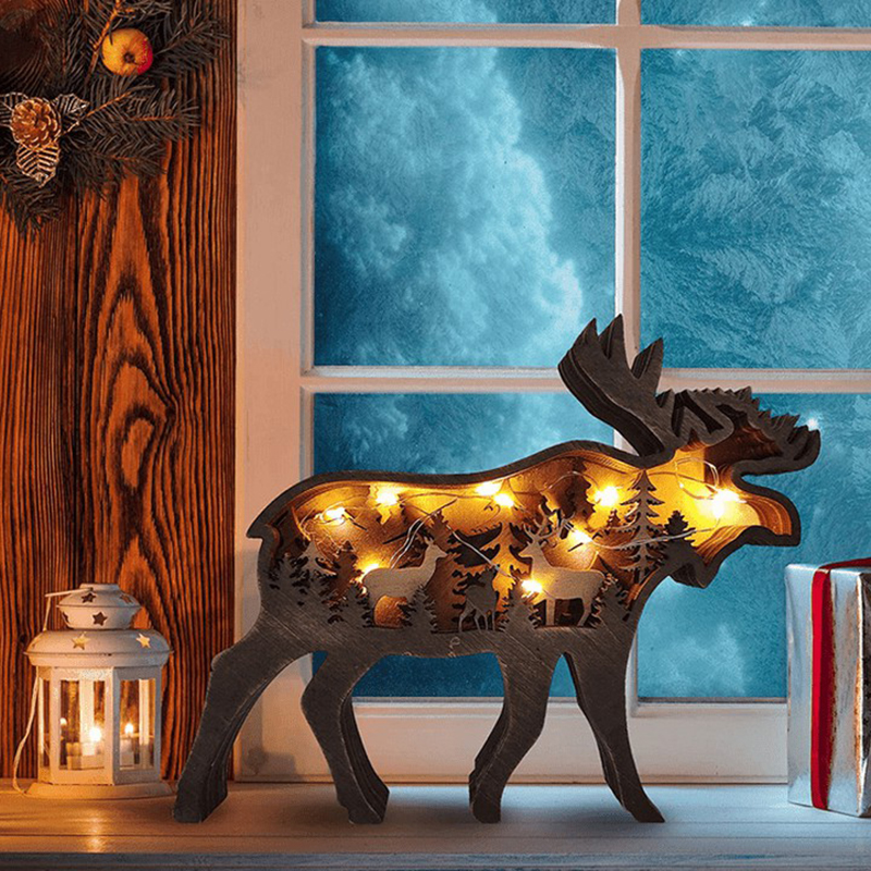 Moose 3D Wood Carving Decorative Light Funny Gift for Friends