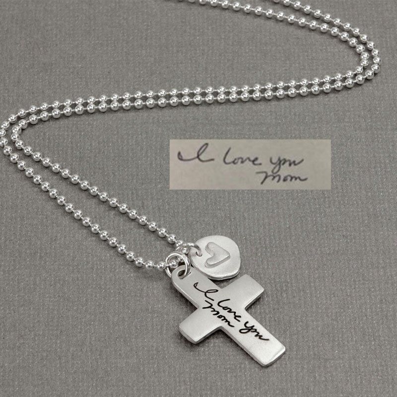 Personalized Handwriting Necklace With Cross & Small Heart