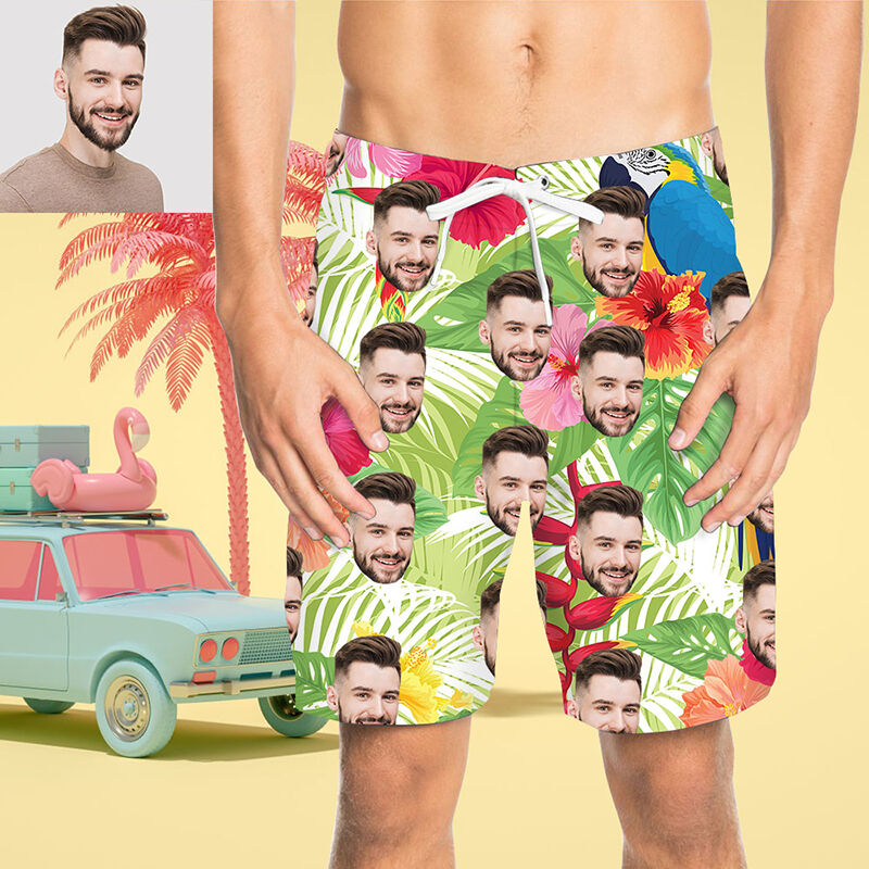 Custom Face Beautiful Parrot Men's Beach Shorts
