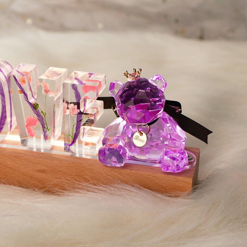Lampe à lettres en résine Fleurs séchées personnalisée Ourson violet - Pour chéri