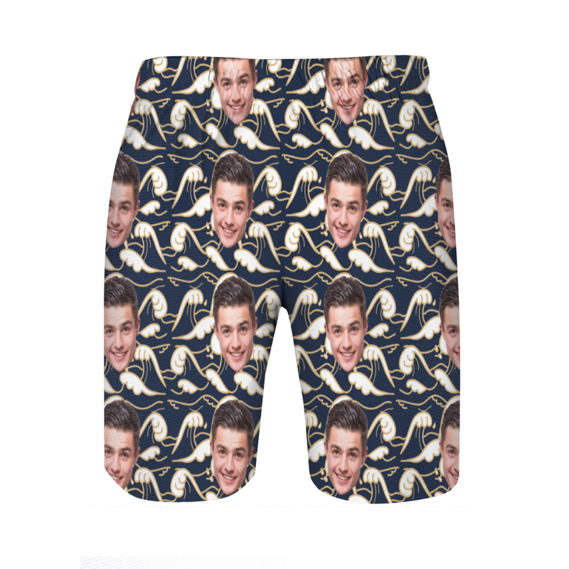 Personalized Picture Men's Beach Shorts with Waves Pattern Simple Gift for Family