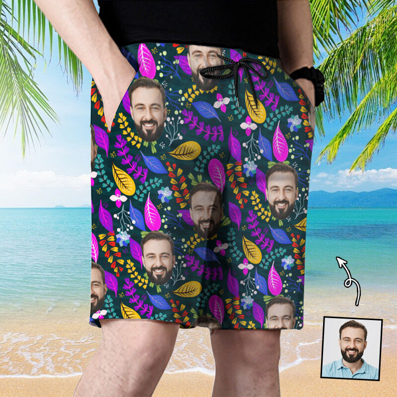 Personalized Picture Men's Beach Shorts with Purple Leaves Pattern Artistic Gift for Dad