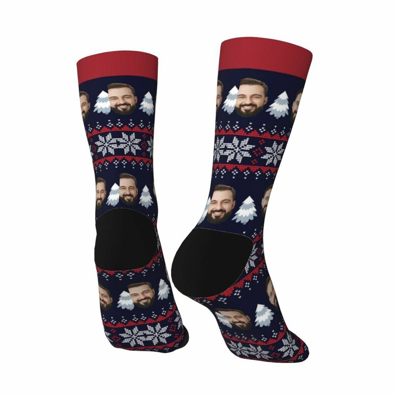 Personalized Face Socks with White Tree and Snowflake Pattern Men's Socks for Christmas