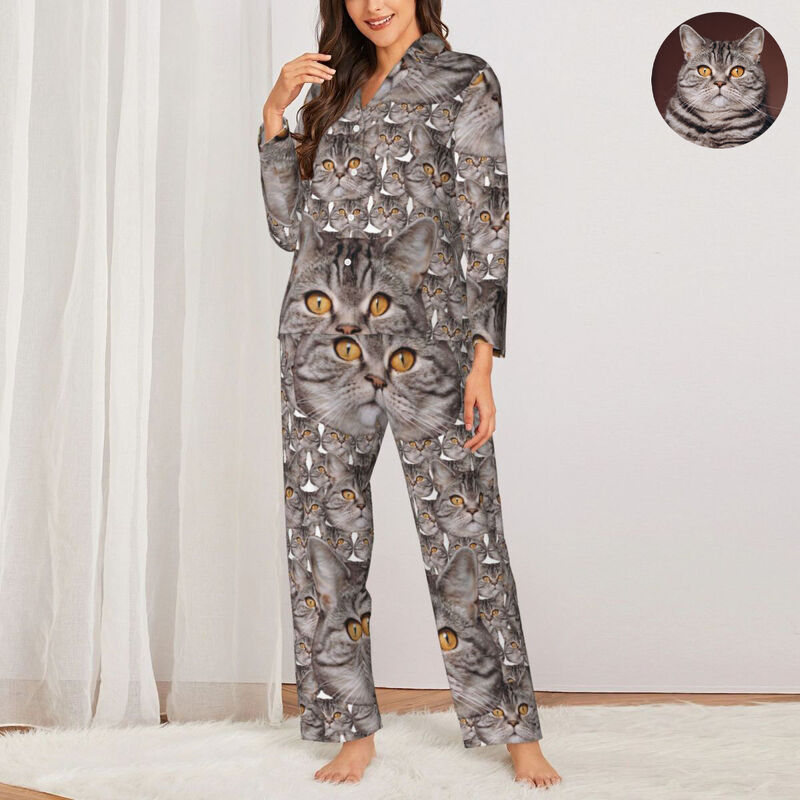 Personalisierte Pyjamas mit Katzenkopfbild vollständige Muster-Design Kreatives Geschenk für Tierliebhaber