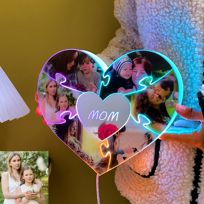 Personalized Heart Shaped Mirror Light Custom Photo Warm Gift For The Best Mom