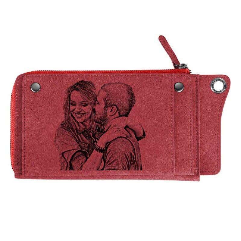 Portefeuille photo gravé pour femme Style long en cuir rouge